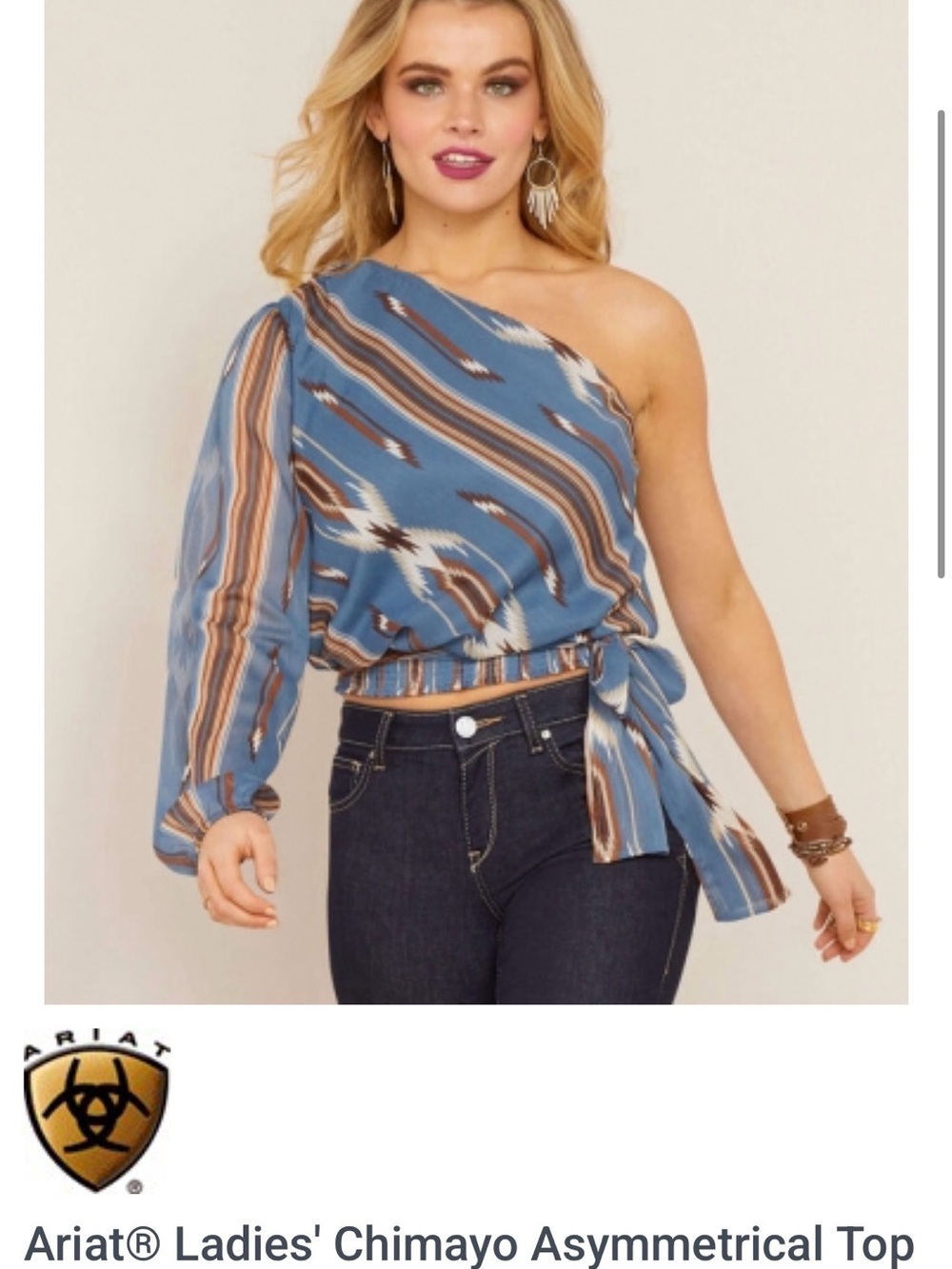 Ariat Blue and Brown One-Shoulder Chimayo Tie-Waist Top